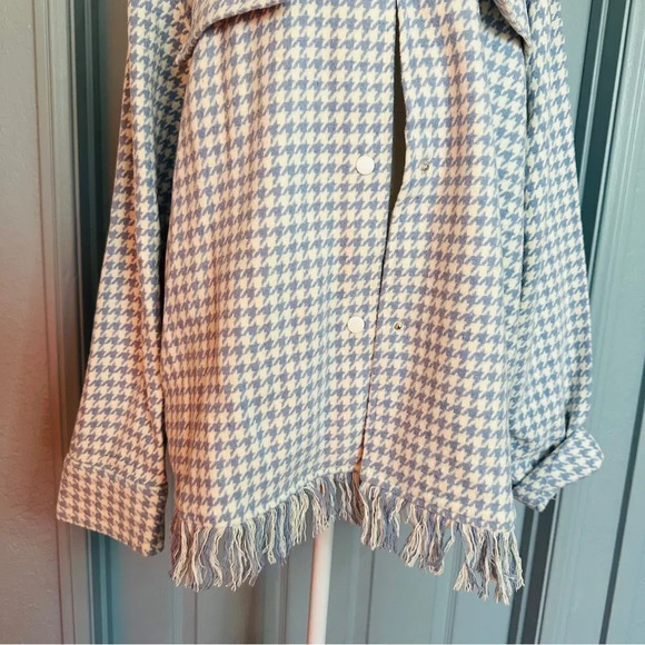 Shero Houndstooth Tassel Trim Blue and White Fringe Shacket Jacket - Picture 4 of 13
